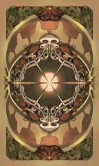 An ornate symmetrical artwork featuring a central glowing light surrounded by circular knotwork, butterflies, and decorative scroll elements in muted gold, brown, beige, and olive green tones.
