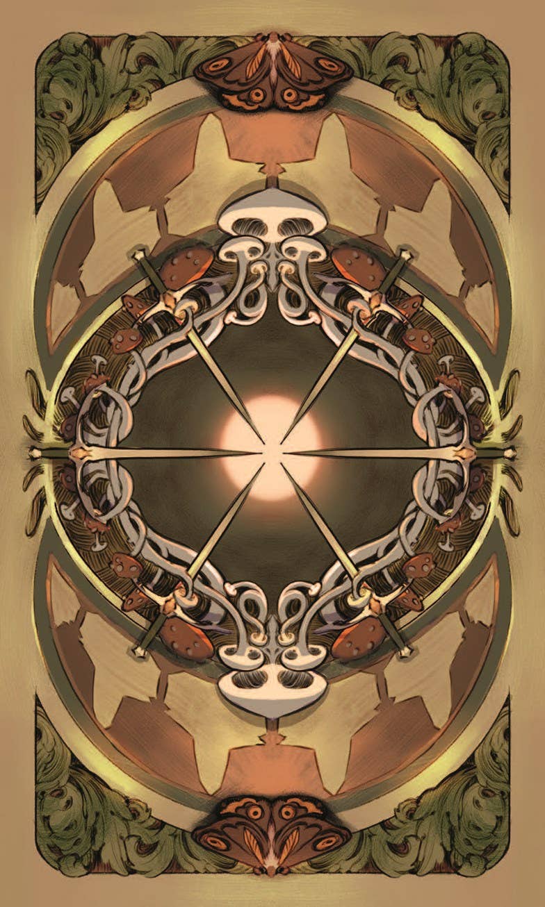 An ornate symmetrical artwork featuring a central glowing light surrounded by circular knotwork, butterflies, and decorative scroll elements in muted gold, brown, beige, and olive green tones.