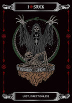 Gothic illustration of a skeleton with text 'I ? STUCK' and 'Lost, Directionless' on a black background.