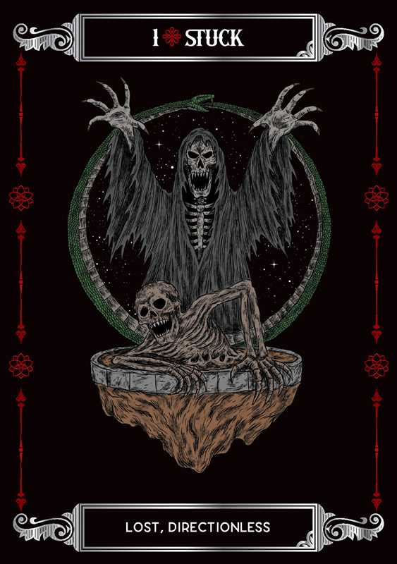 Gothic illustration of a skeleton with text 'I ? STUCK' and 'Lost, Directionless' on a black background.