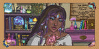 Cartoon character with purple hair and gemstones in a room filled with books and potions.