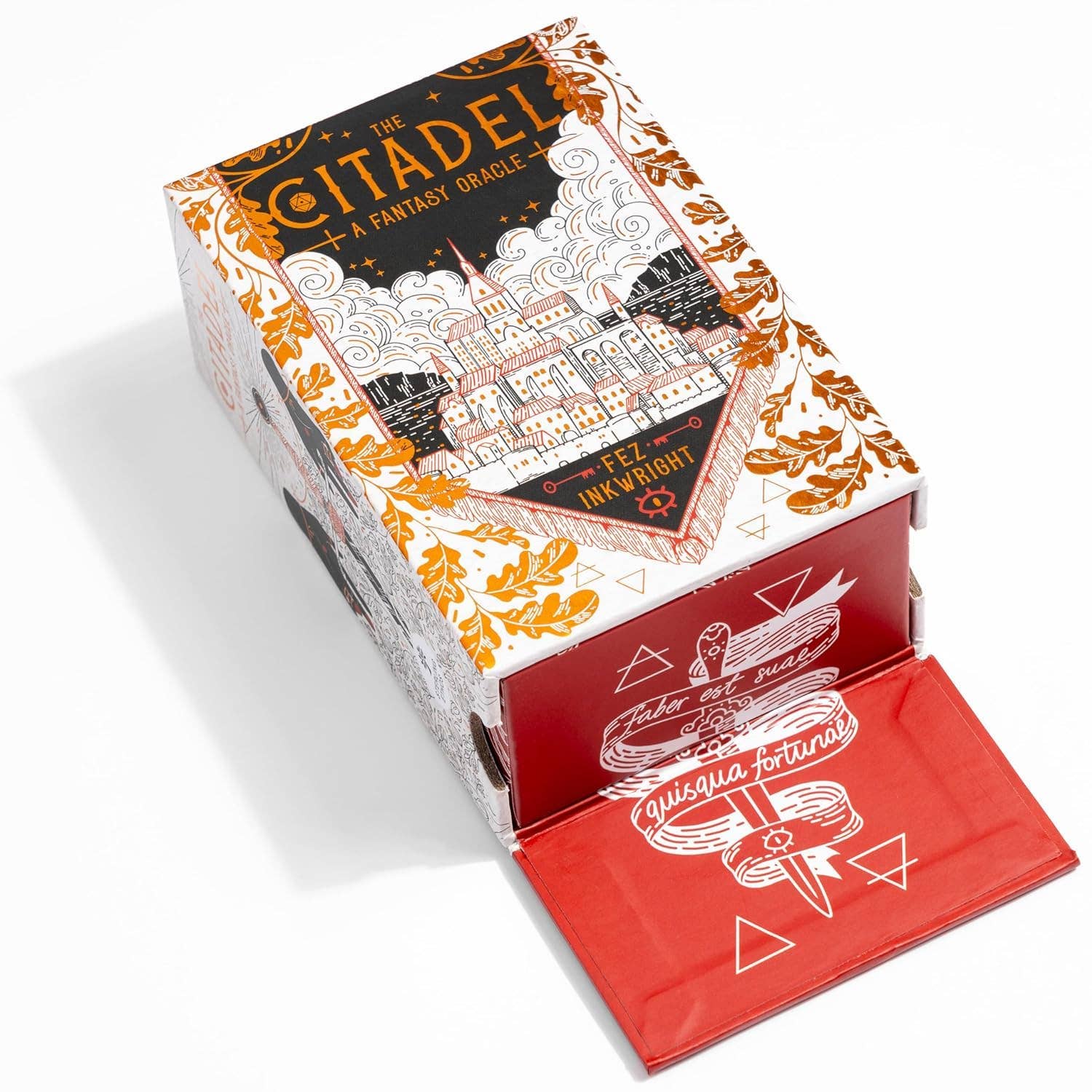 Fantasy oracle card game box with intricate design on a white background