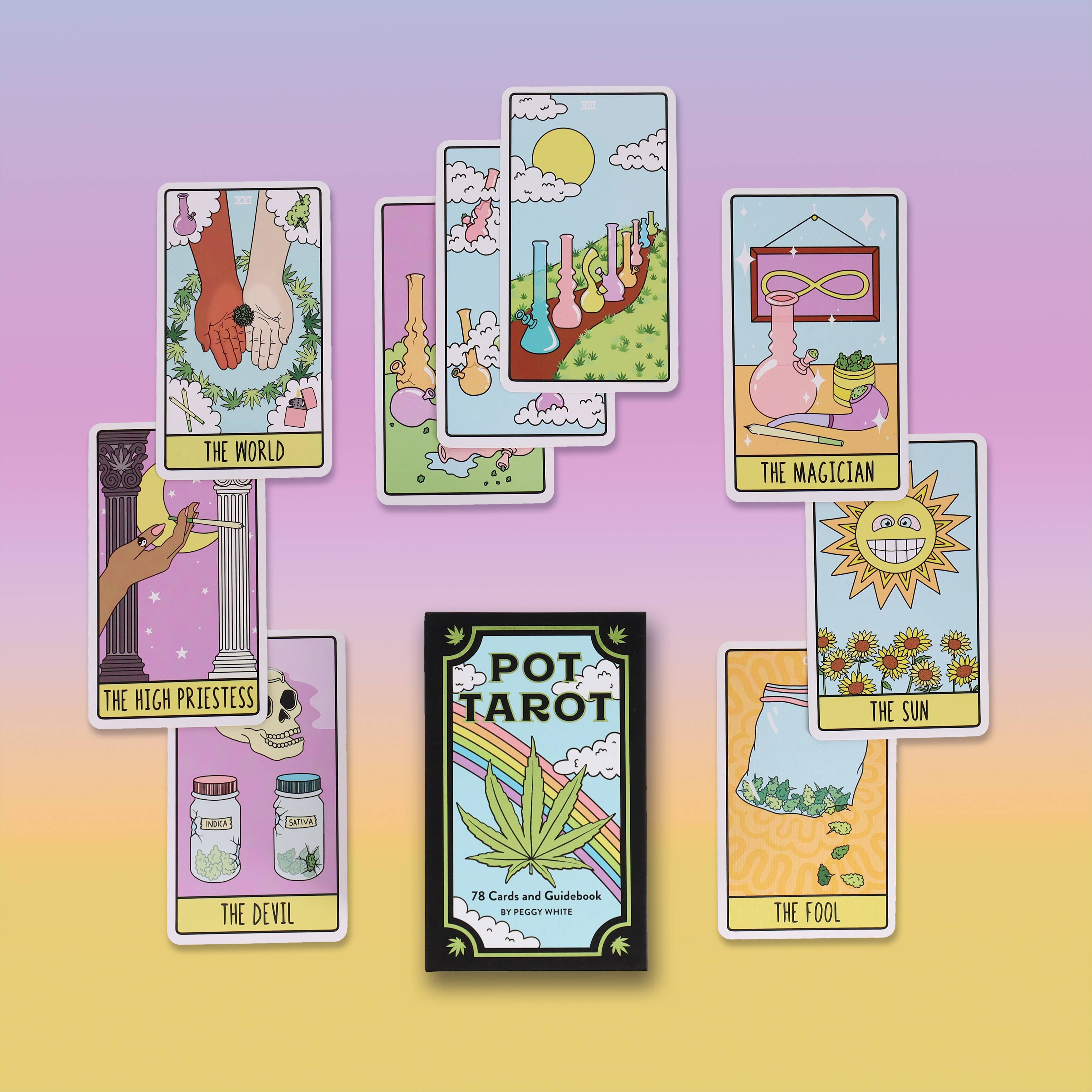 Set of colorful tarot cards on a gradient background