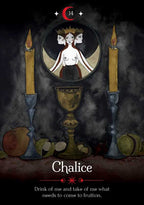 A dark illustrated card or artwork titled 'Chalice' with a central mirror showing three faces, two tall candles, a chalice, fruit, and a red crescent moon symbol at the top. Text at the bottom reads, 'Drink of me and take of me what needs to come to fruition.