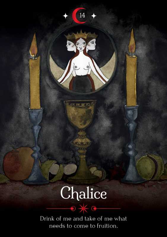 A dark illustrated card or artwork titled 'Chalice' with a central mirror showing three faces, two tall candles, a chalice, fruit, and a red crescent moon symbol at the top. Text at the bottom reads, 'Drink of me and take of me what needs to come to fruition.
