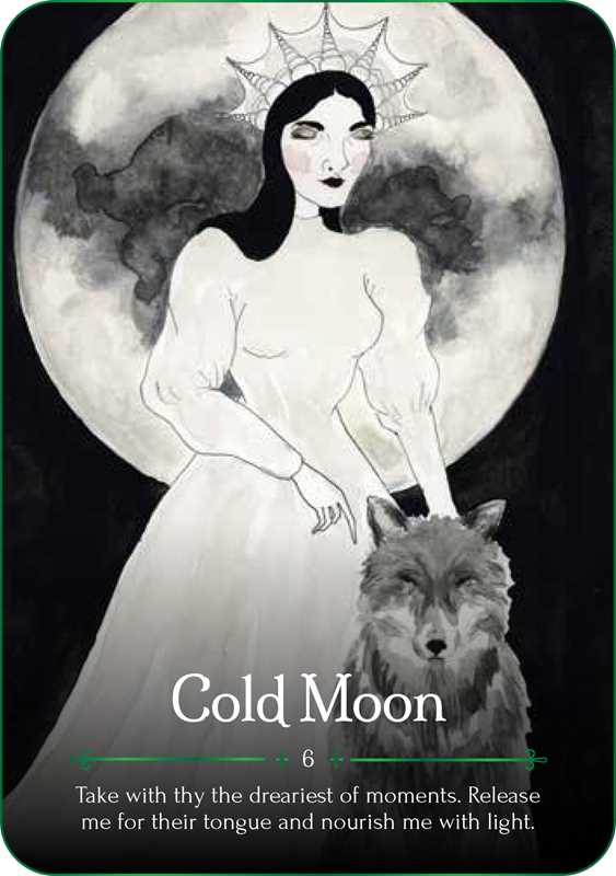 Illustration of a woman with a wolf under a moonlit sky, with text 'Cold Moon' and additional text below.