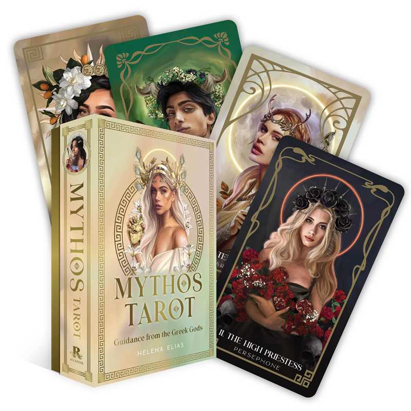 Mythos Tarot cards with a book titled 'Mythos Tarot' on a white background