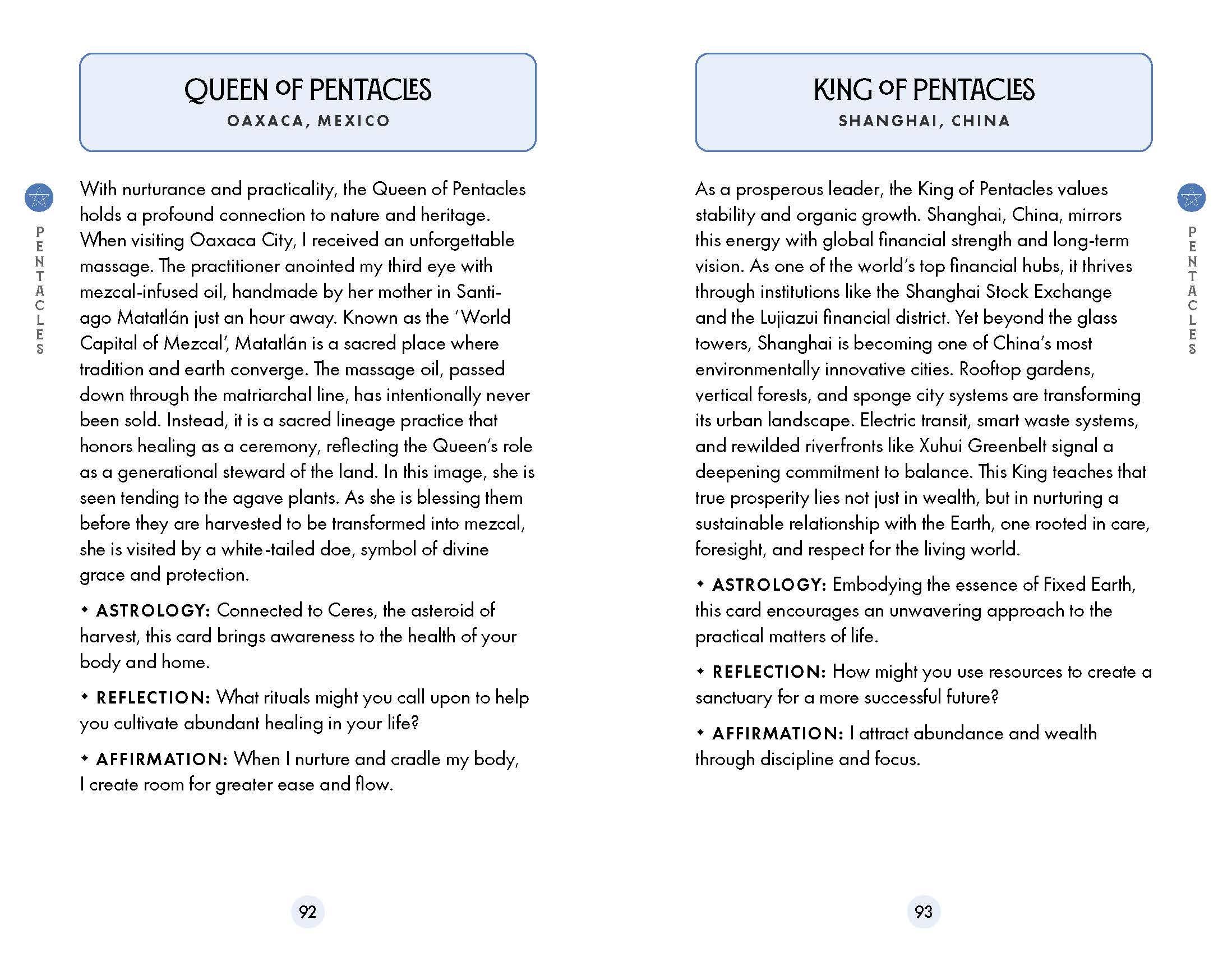 Two pages from a book or magazine featuring information about Queen of Pentacles and King of Pentacles cards from a tarot or oracle set.