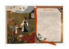 Open book with a colorful illustration of two people in a field and a page with text titled 'Harvest Witch'.