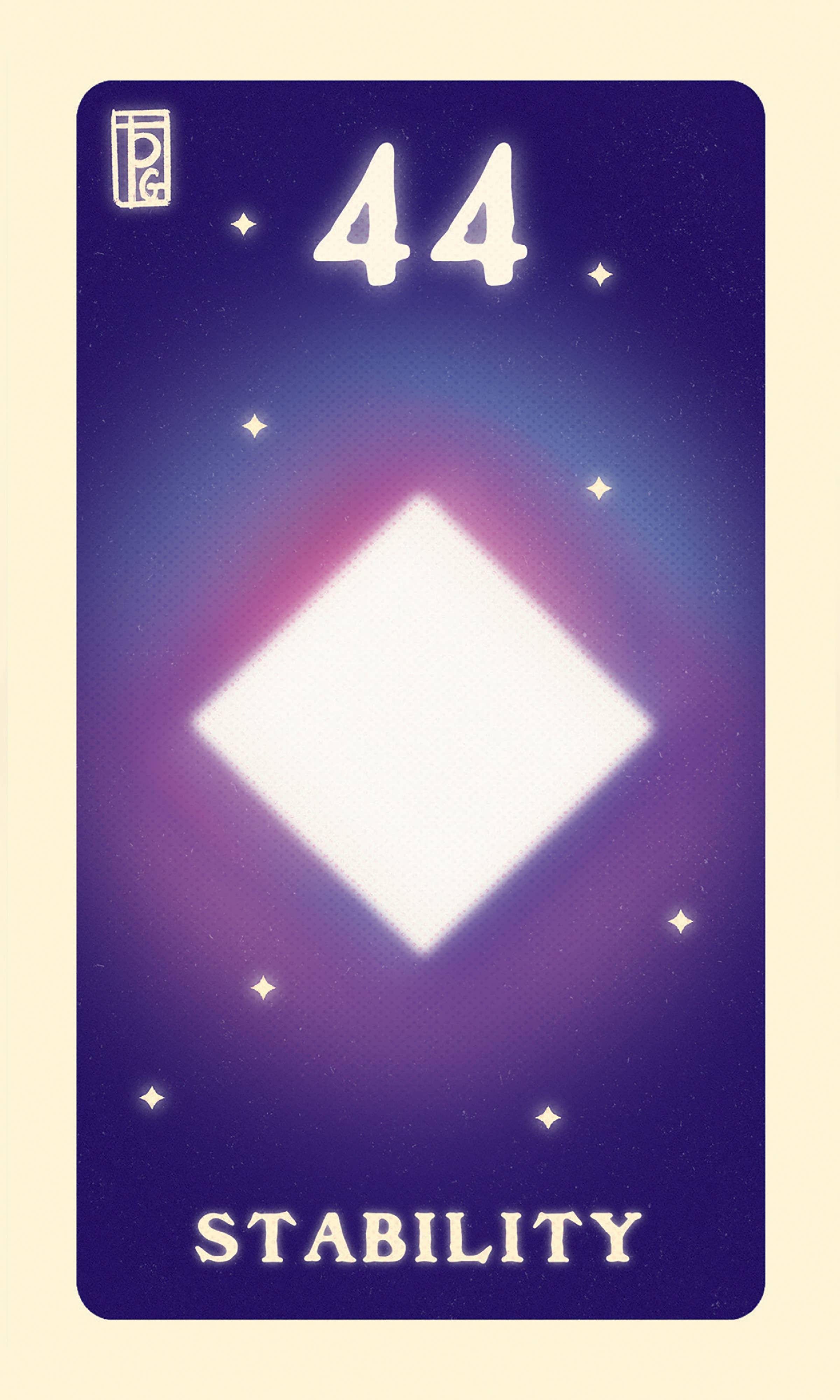 Card with number 44, diamond symbol, and word 'Stability' on a purple background