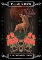Artistic depiction of a deer with antlers, roses, and a skull against a dark background with decorative elements.