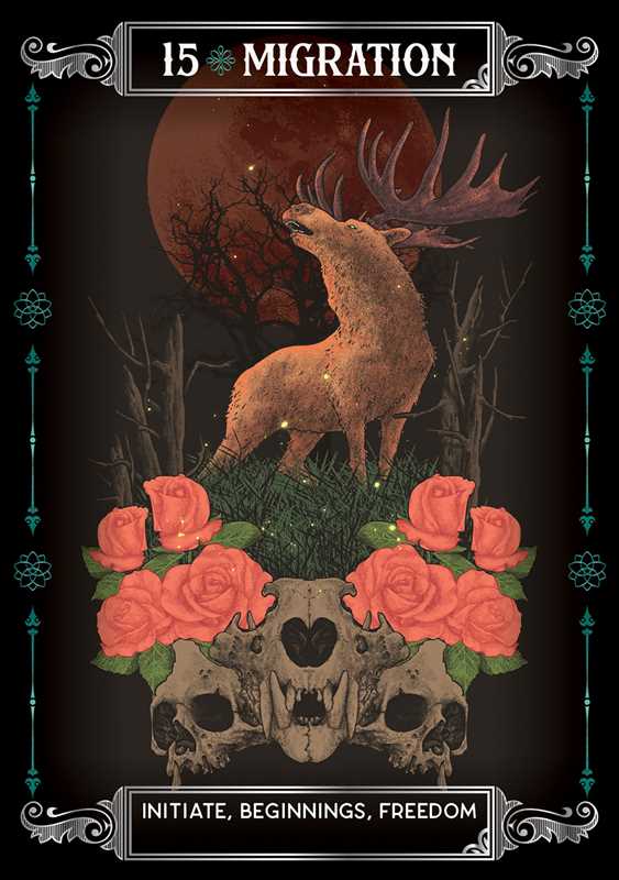 Artistic depiction of a deer with antlers, roses, and a skull against a dark background with decorative elements.