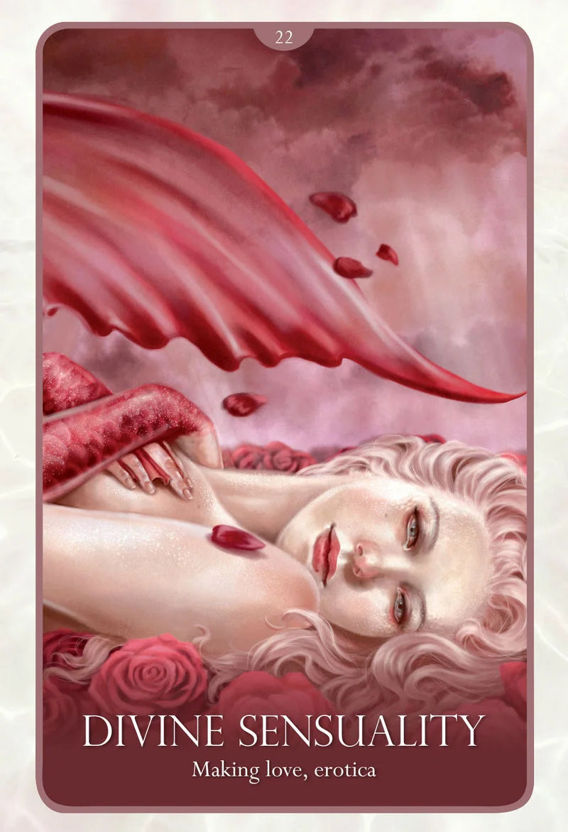 Card titled 'Divine Sensuality' with a woman's face and red fabric, roses, and petals.