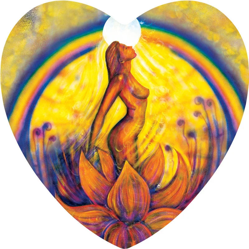 Heart-shaped artwork with a nude figure and rainbow colors
