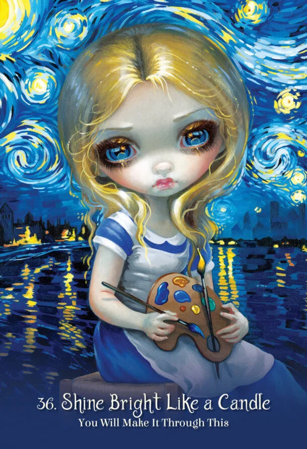 Illustration of a girl with a paint palette against a Starry Night-inspired background