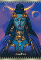 Kaladhara with blue skin and gold headpiece against a cosmic background