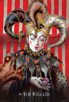 Artistic depiction of a character with elaborate headpiece and costume against a striped background