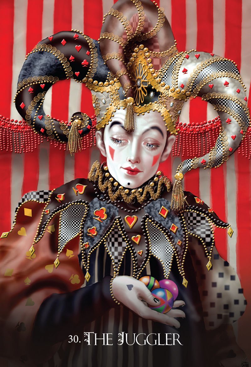 Artistic depiction of a character with elaborate headpiece and costume against a striped background
