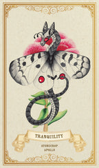 Decorative card with a butterfly and snake illustration labeled 'Tranquility' on a beige background.