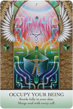 Colorful tarot card with a central figure and wings, featuring text ' Occupy Your Being' and 'Reside fully in your skin. Merge soul with every cell.