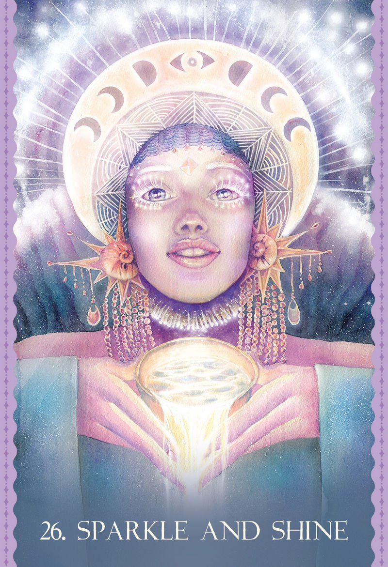 Artistic depiction of a person with celestial elements and '26. Sparkle and Shine' text.