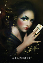 Woman holding a card with stars around her, titled 'Lady Luck'.