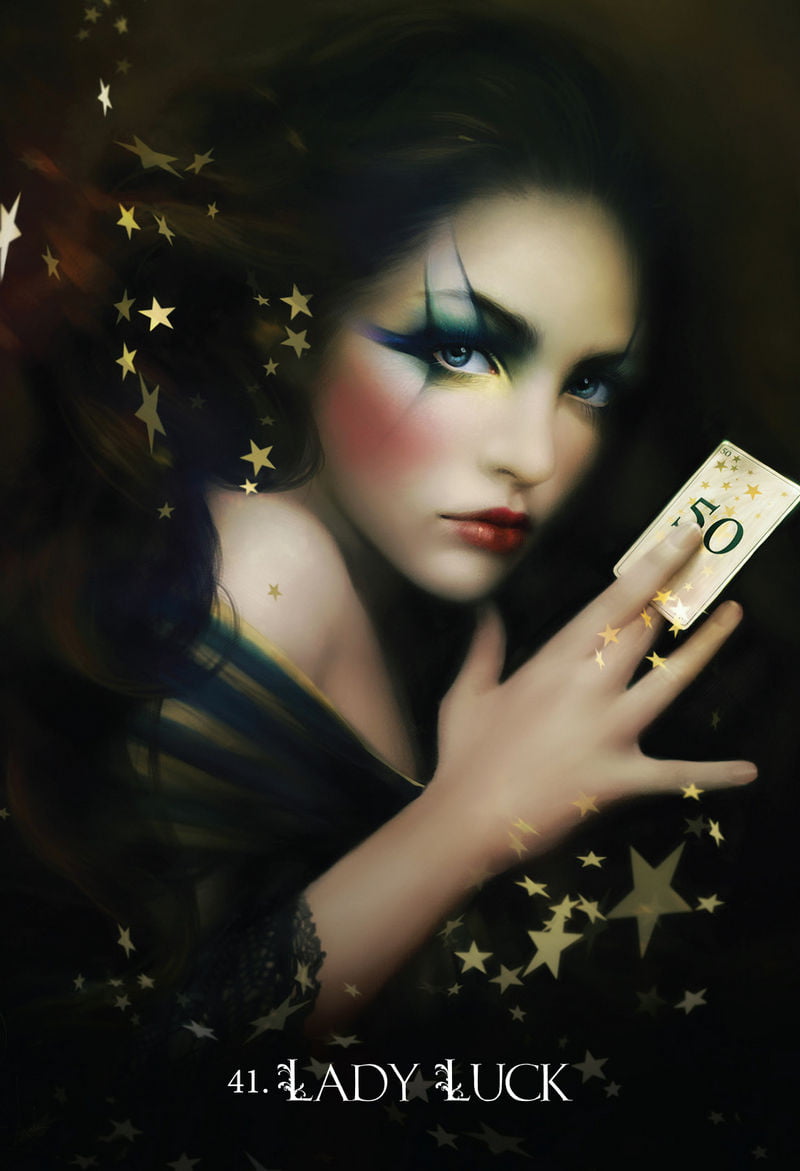 Woman holding a card with stars around her, titled 'Lady Luck'.