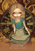 Illustration of a girl in a teal dress surrounded by clock gears with 'Clock Time' text.