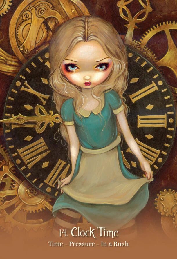 Illustration of a girl in a teal dress surrounded by clock gears with 'Clock Time' text.