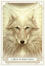 Illustration of a white wolf with a glowing aura on a beige background, labeled '23. Beta of Spirit Wolf'.