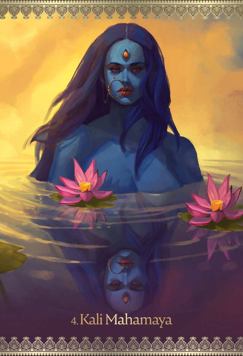 Artistic depiction of Kali Mahamaya with pink lotus flowers in water, titled '4. Kali Mahamaya'.