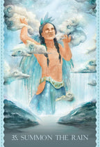 Illustration of a figure surrounded by clouds and water, with 'Summon the Rain' text at the bottom.