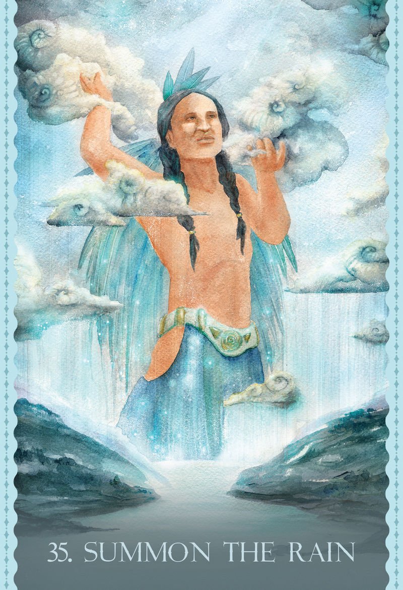Illustration of a figure surrounded by clouds and water, with 'Summon the Rain' text at the bottom.