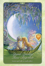 T tarot card with two fairies under a wisteria tree, moon, and heart, with text 'Spend Quality Time Together'.