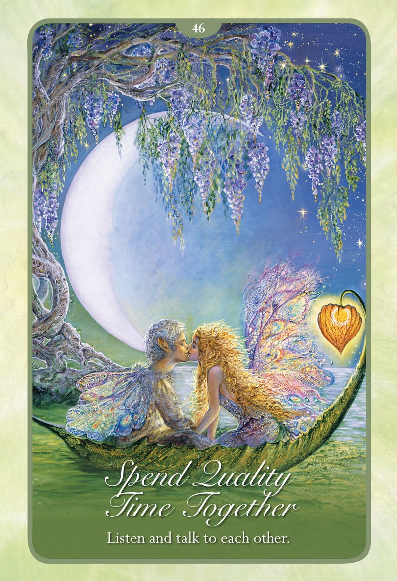 T tarot card with two fairies under a wisteria tree, moon, and heart, with text 'Spend Quality Time Together'.
