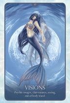 Mermaid card from a tarot deck with 'Visions' text and moon in background