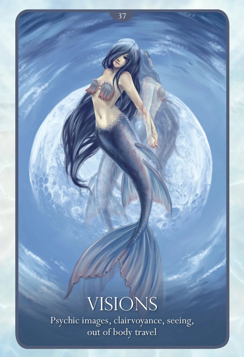 Mermaid card from a tarot deck with 'Visions' text and moon in background