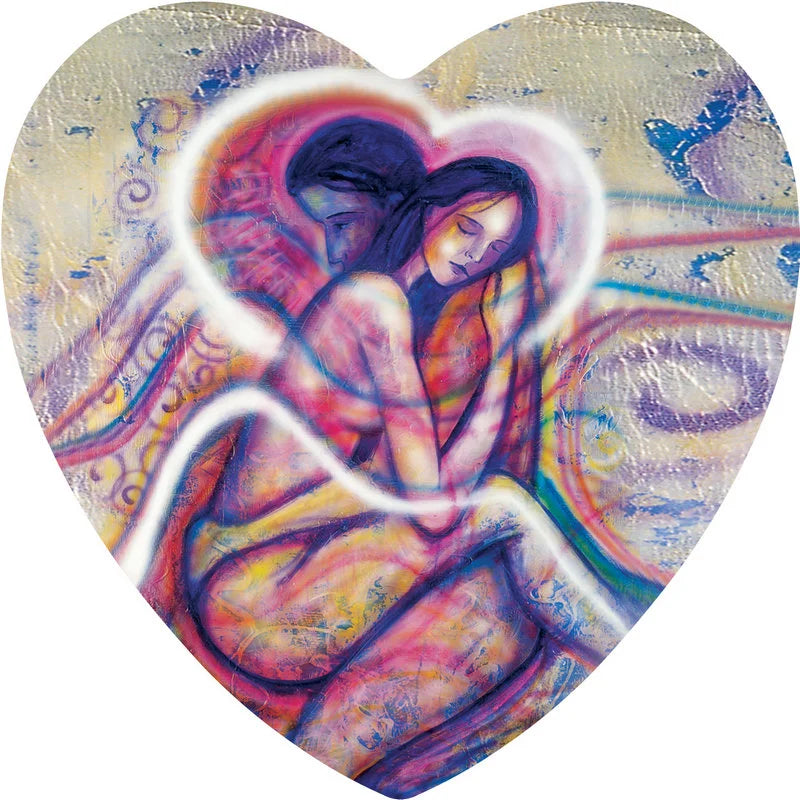 Colorful heart-shaped artwork of a woman with flowing hair and abstract patterns.