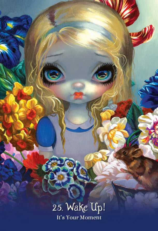 Illustration of a character with large eyes surrounded by flowers and a mouse, with text '25. Wake Up! It's Your Moment'.