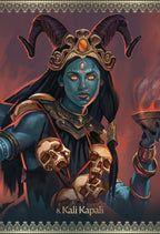 Stylized illustration of a figure with dark hair, horns, and holding skulls against a dark background. 8. Kali Kapali