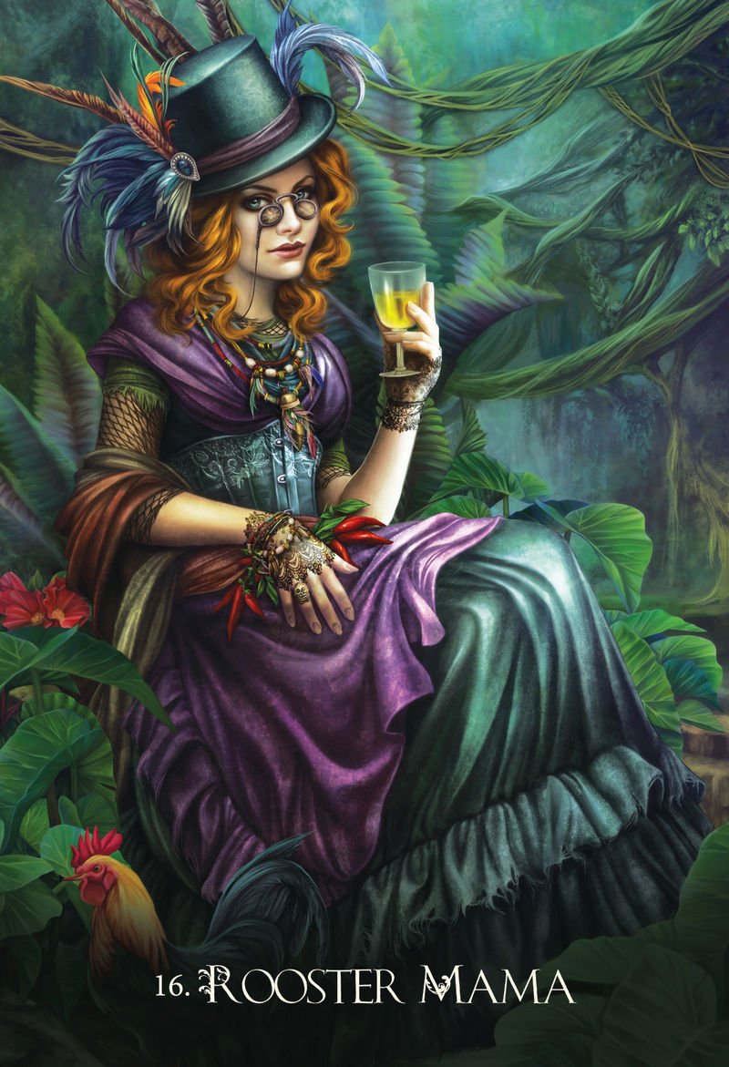 Artistic depiction of a woman in a fantasy setting holding a drink, surrounded by foliage.
