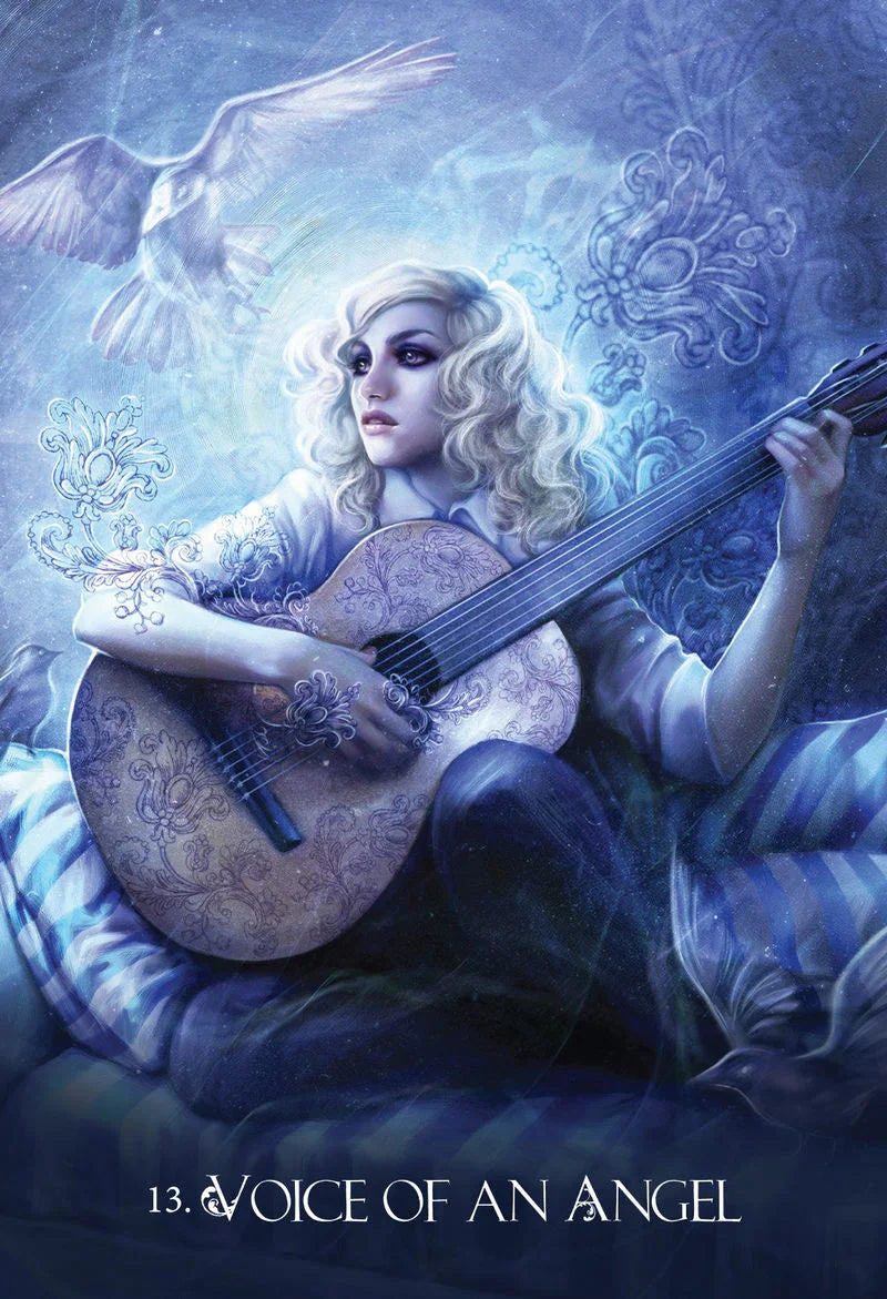 Artistic depiction of a woman playing a guitar with an angelic theme, featuring text '13. Voice of an Angel'.