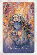 Artistic depiction of a woman with flowers and a child, surrounded by nature elements, with text 'Like Attracts Like'.
