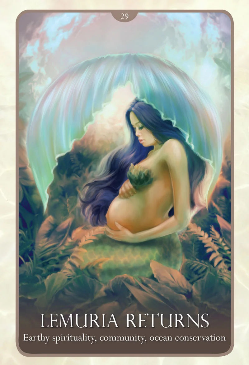 Tarot card featuring a pregnant woman surrounded by nature with 'Lemuria Returns' text.