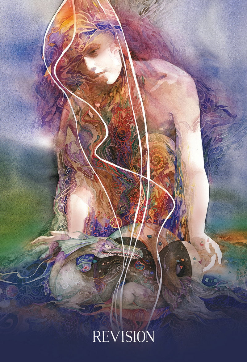 Artistic depiction of a woman with flowing hair and colorful patterns, sitting on a turtle with 'Revision' text.