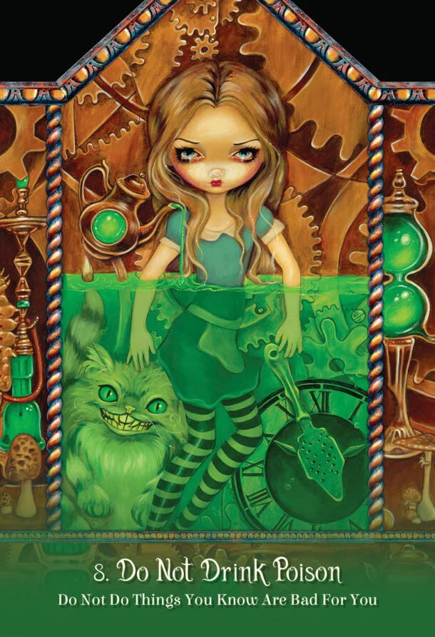 Illustration of a girl with a cat in a steampunk-themed frame with text 'Do Not Drink Poison'.