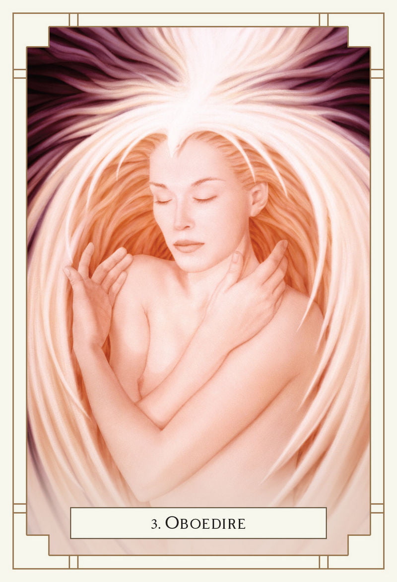 Artistic depiction of a woman with a radiant halo-like background, labeled '3. Oboedire'.