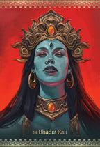 Illustration of a deity with intricate headpiece and jewelry against a red background. Ghadra Kali