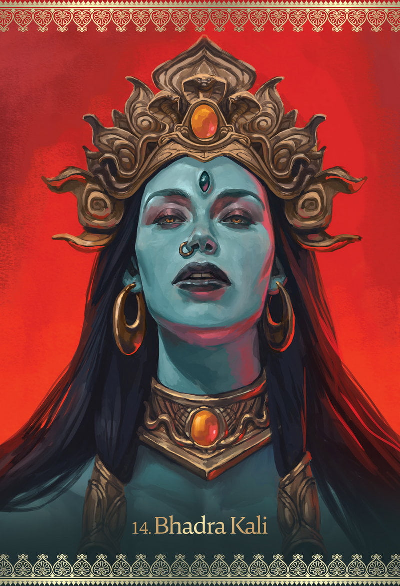 Illustration of a deity with intricate headpiece and jewelry against a red background. Ghadra Kali