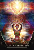 Colorful depiction of a meditating figure with a bright light above, on a textured background.